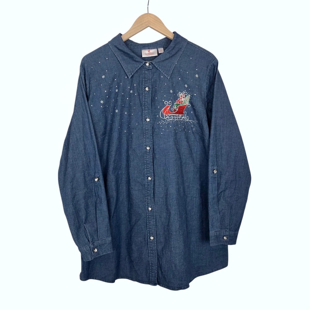 Quacker Factory Christmas Embellished Button Up Denim Shirt 1X Holiday Festive